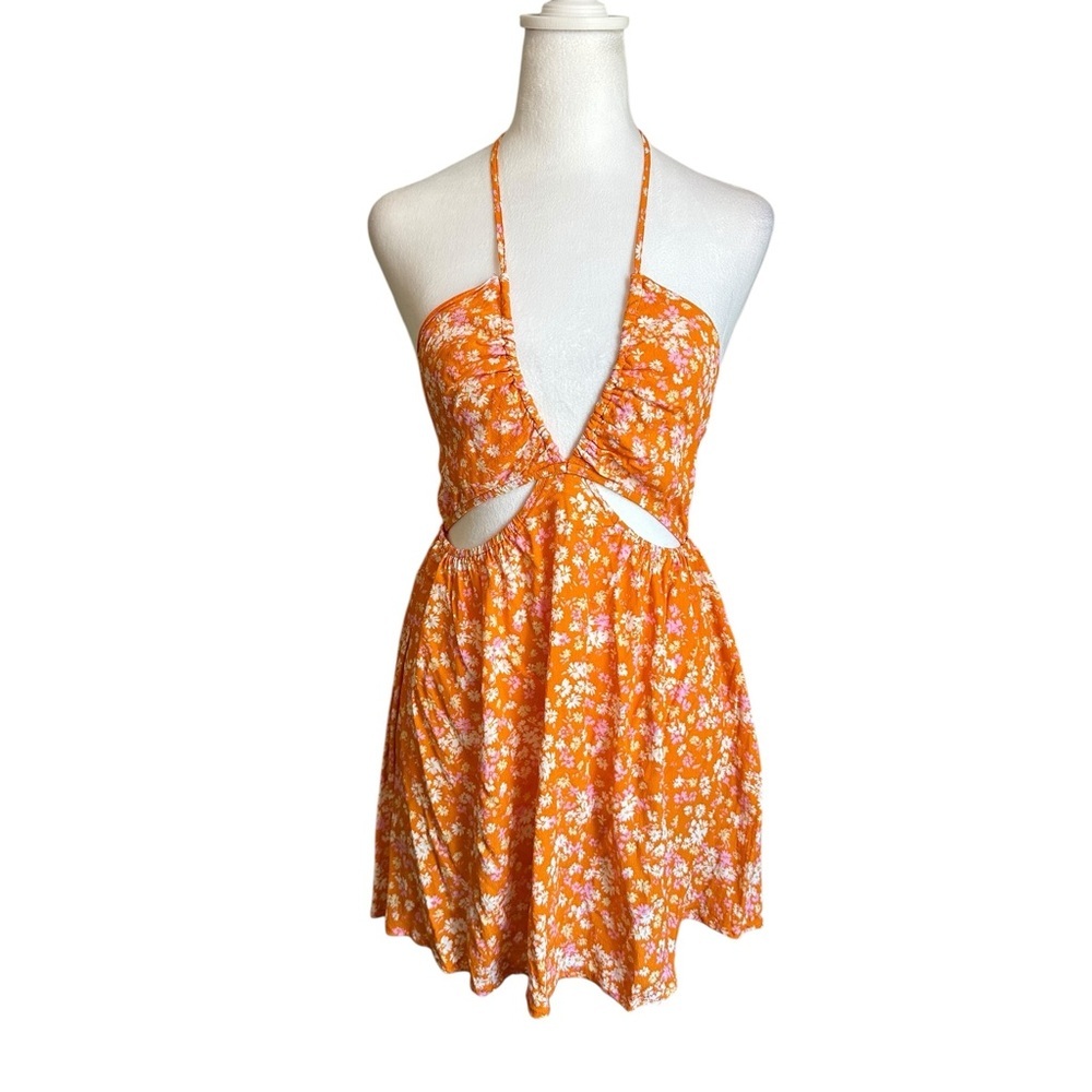 Sky To Moon Floral Cut Out Tie Back Orange Mini Dress Size L - Picture 7 of 17
